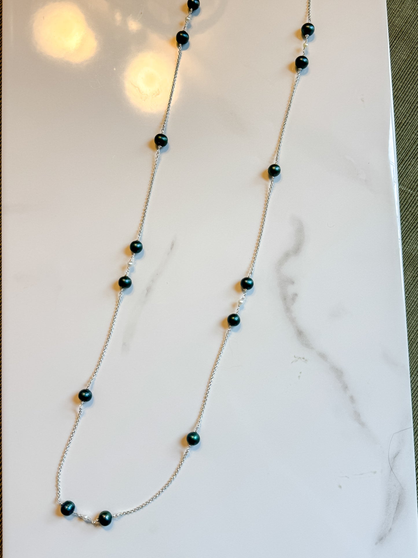 Blue green long pearl necklace in sterling