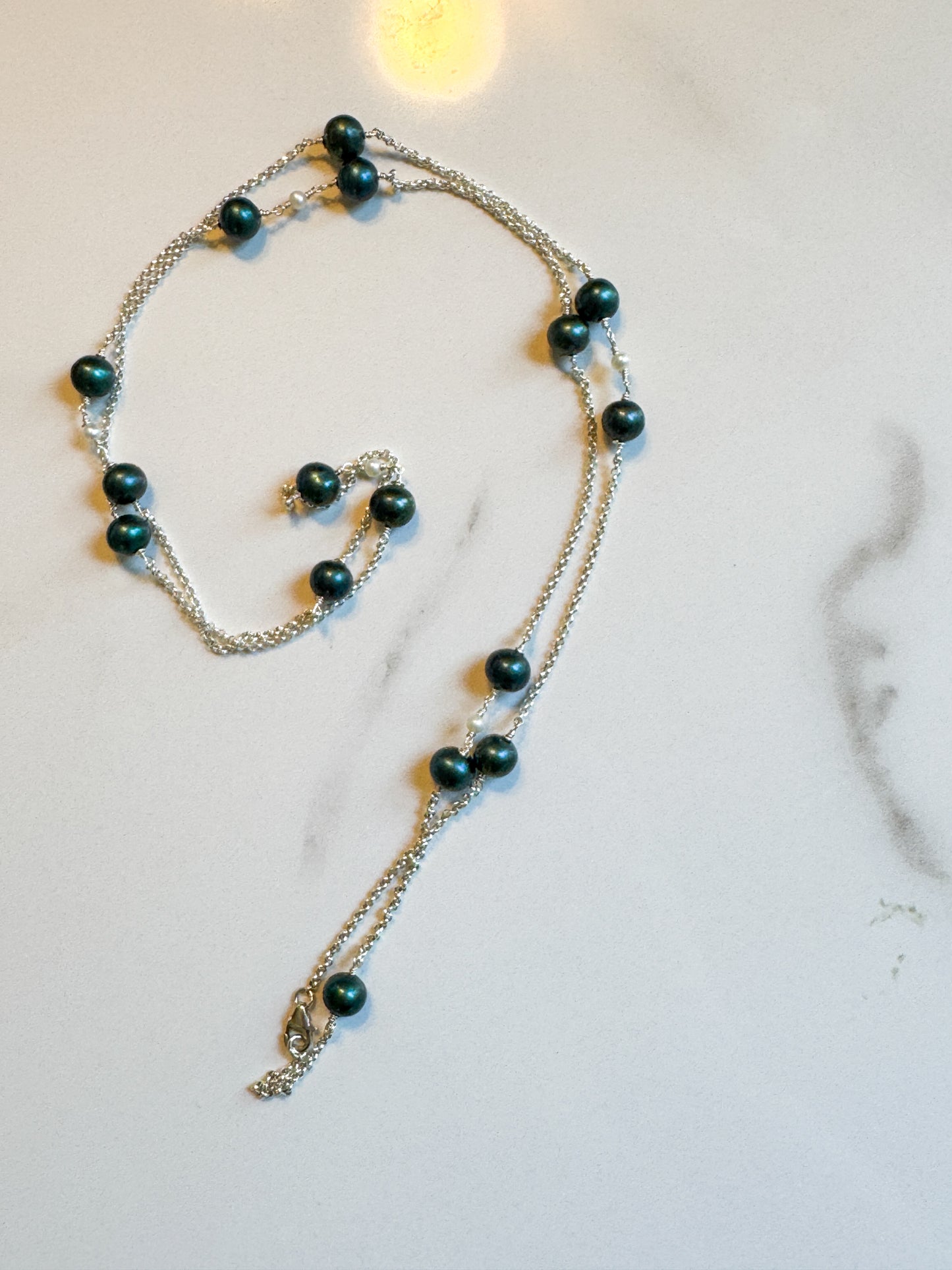 Blue green long pearl necklace in sterling