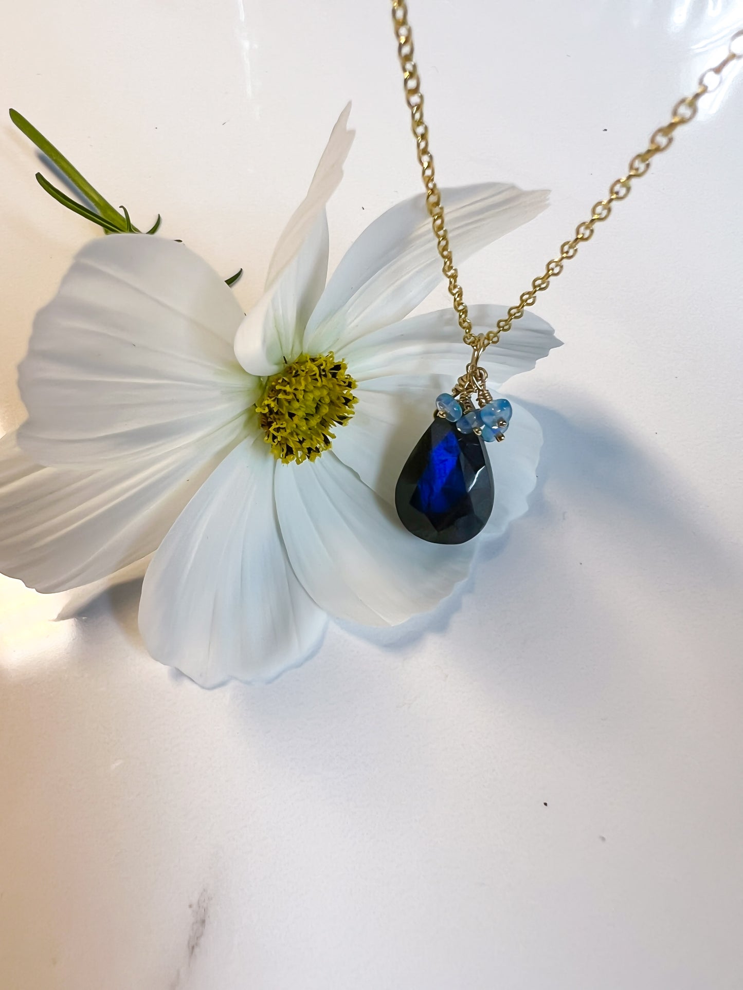 Blue flash Labradorite with blue opal accents in gold filled
