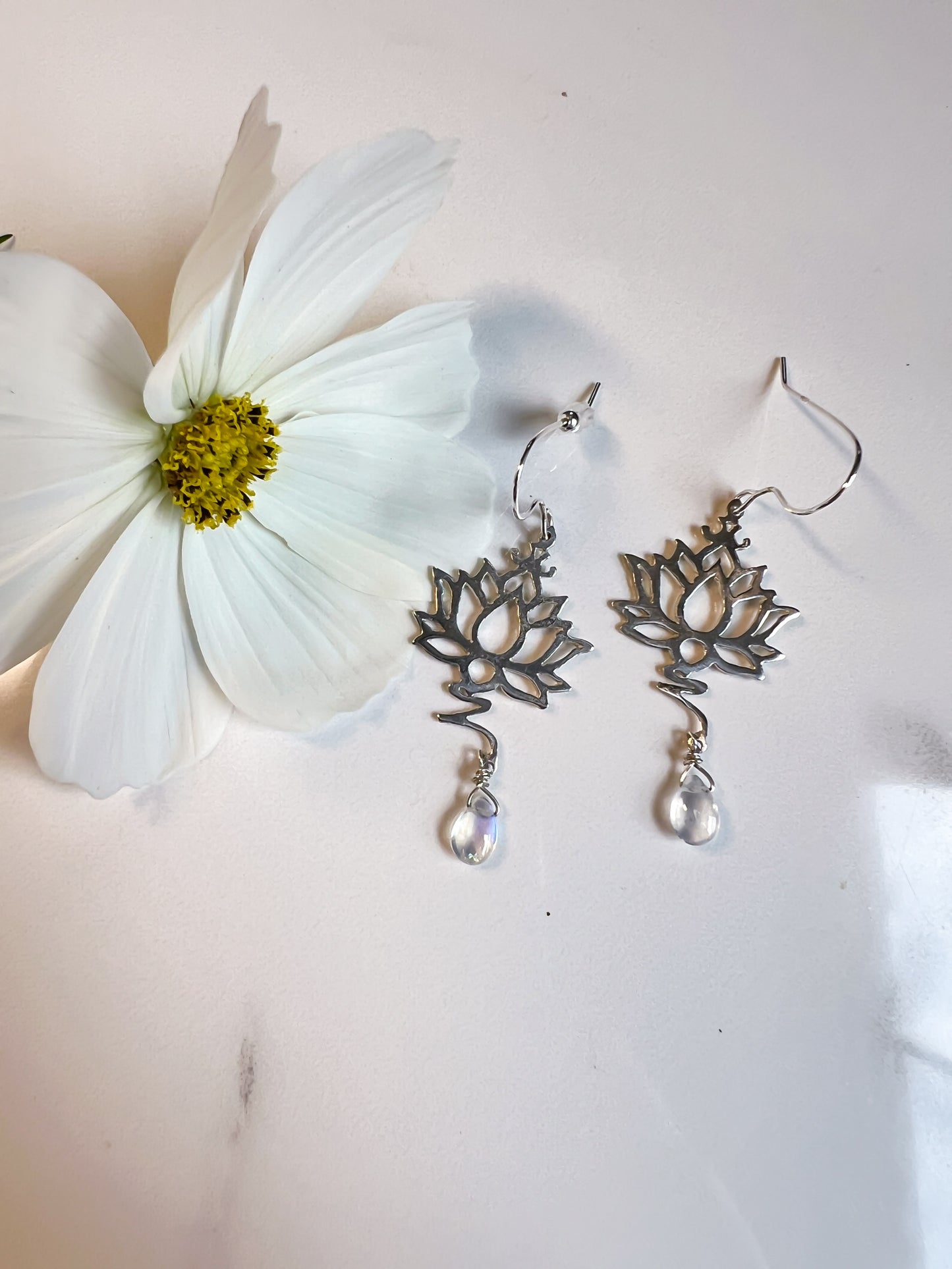 Sterling cut lotus flower moonstone earrings