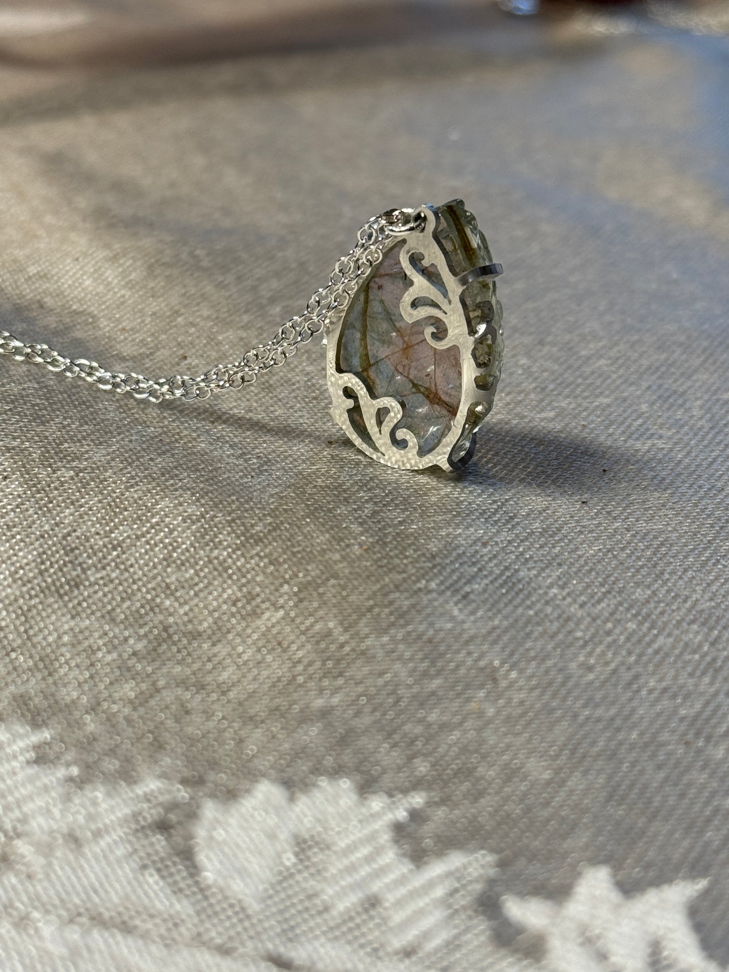 Labradorite & Mother of Pearl Hand-cut Sterling pendant