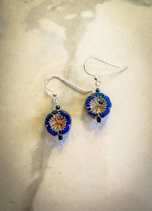 Glass flower earrings in Sterling