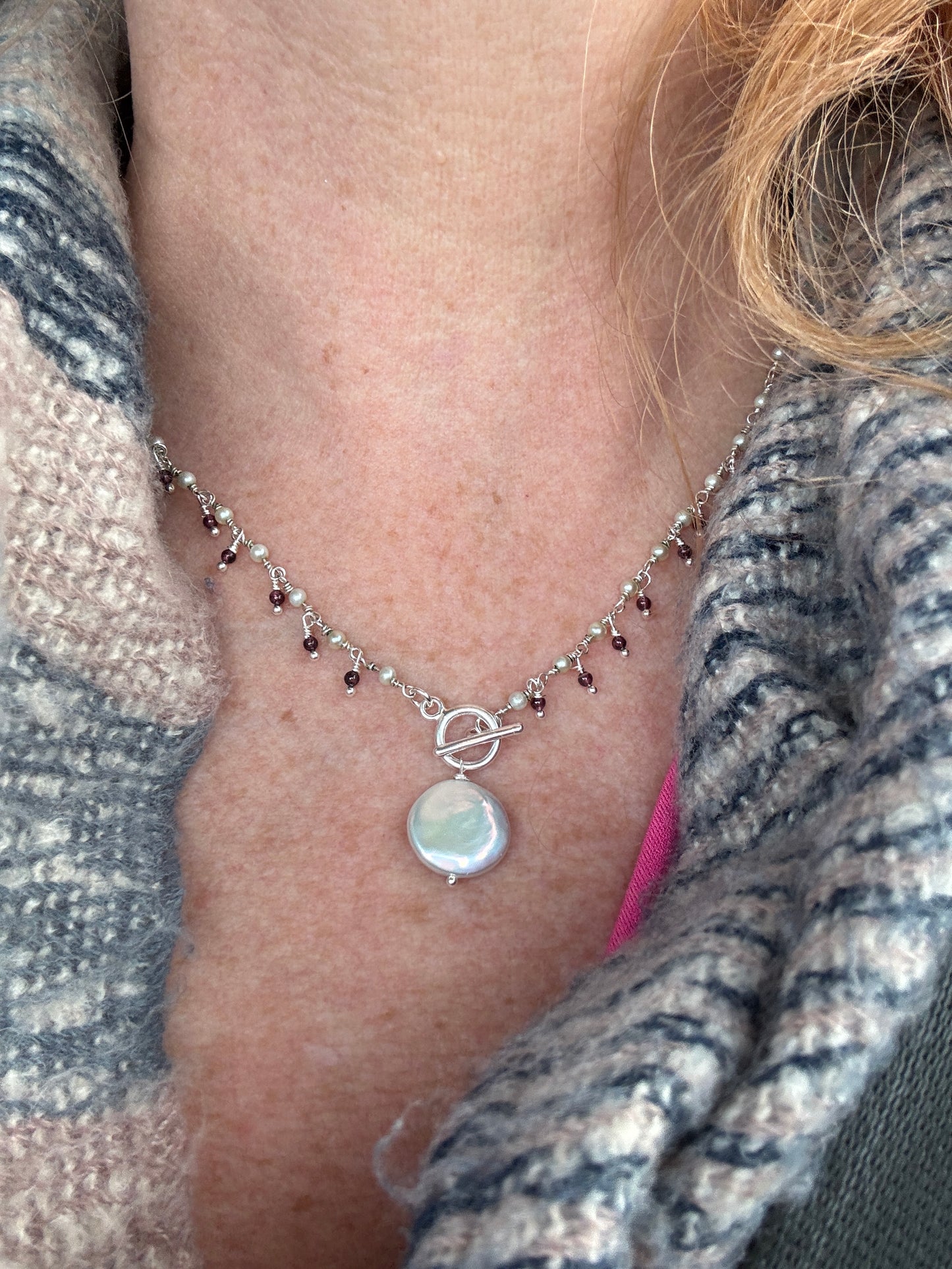Pearl and Garnet wrap-tie necklace