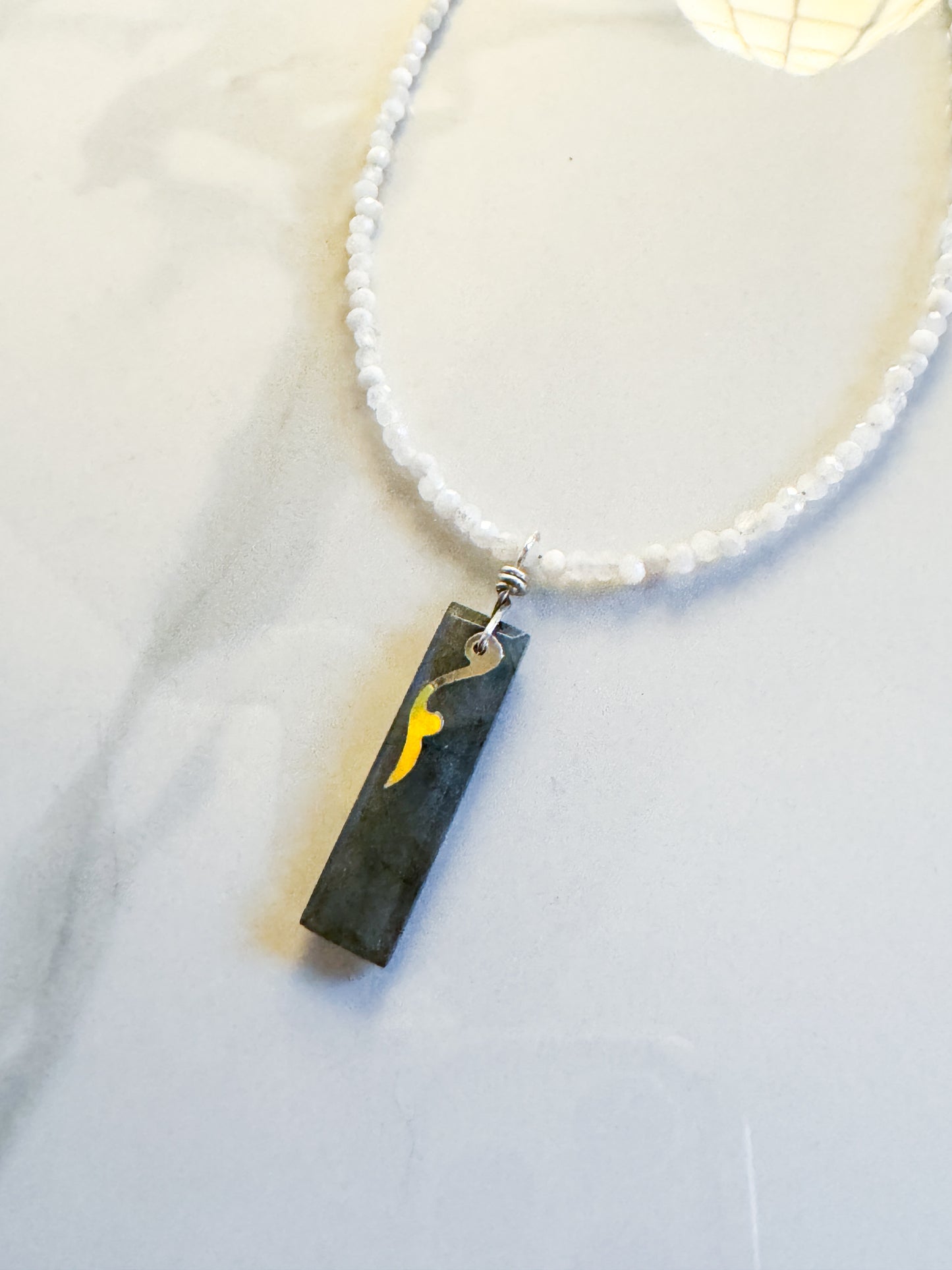 Labradorite and hand cut sterling accent on moonstone necklace
