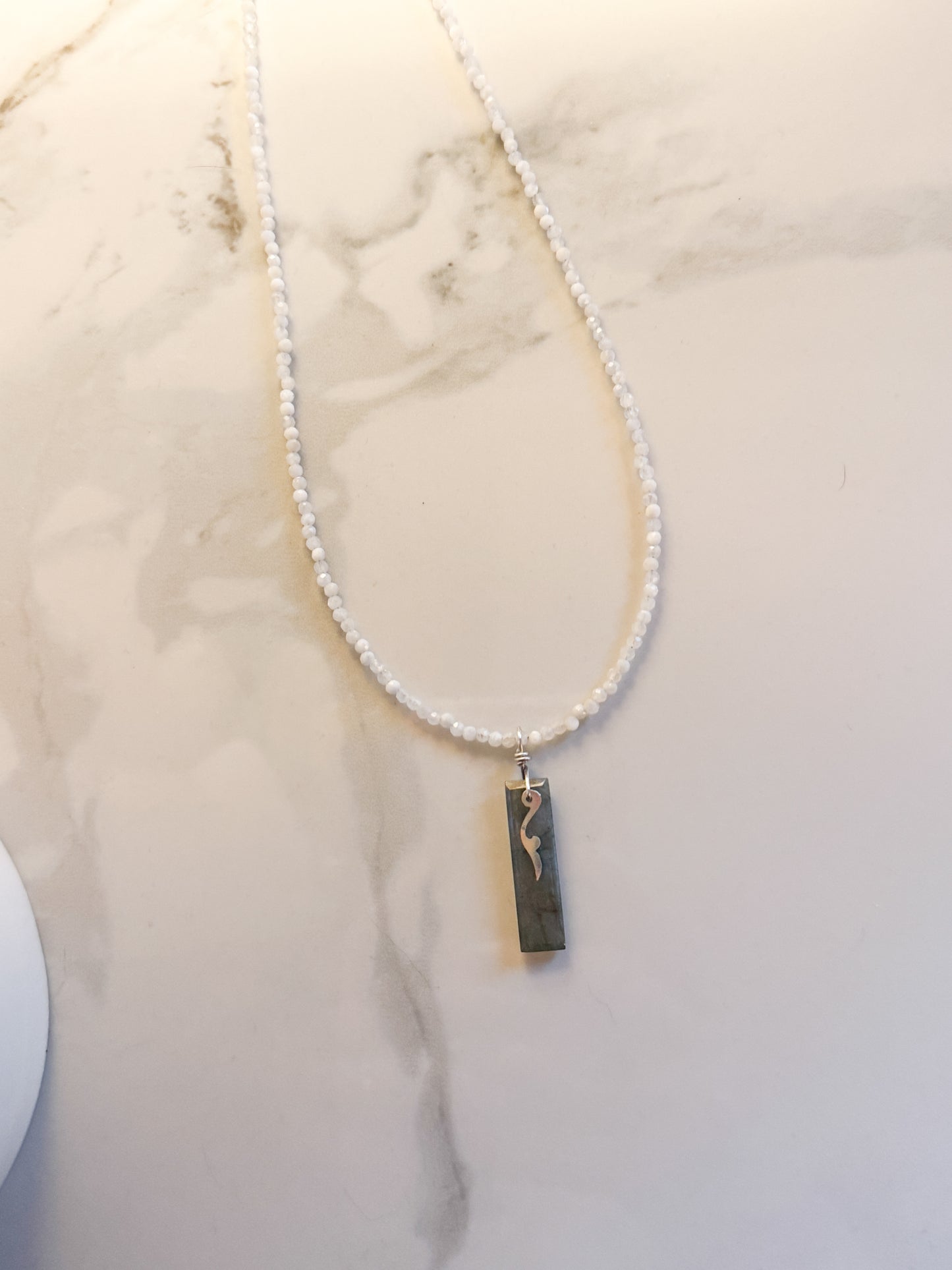 Labradorite and hand cut sterling accent on moonstone necklace