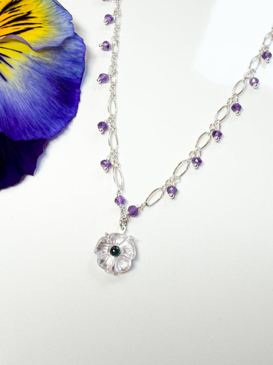 Amethyst carved flower with London Blue Topaz pendant