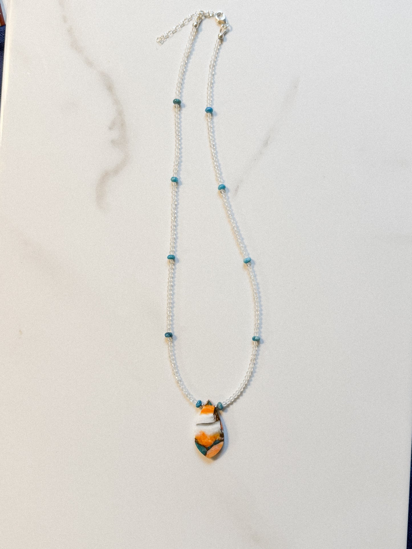 Clear Crystal Quartz, Turquoise, and copper Spinny pendant