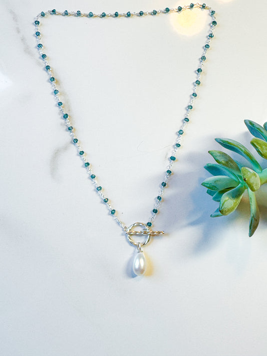 Dyed blue quartz and freshwater pearl drop