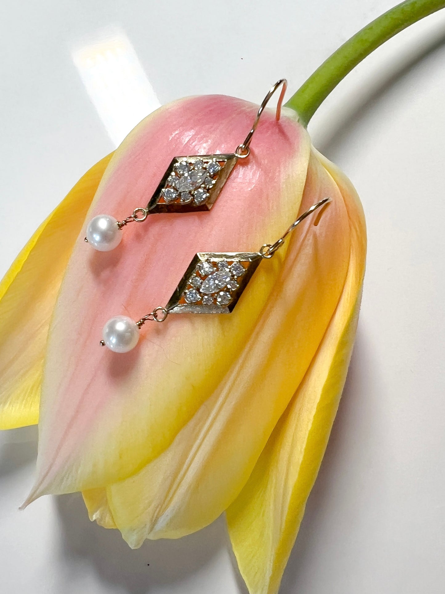 Wedding design 14k Moissanite & cultured Pearl earrings