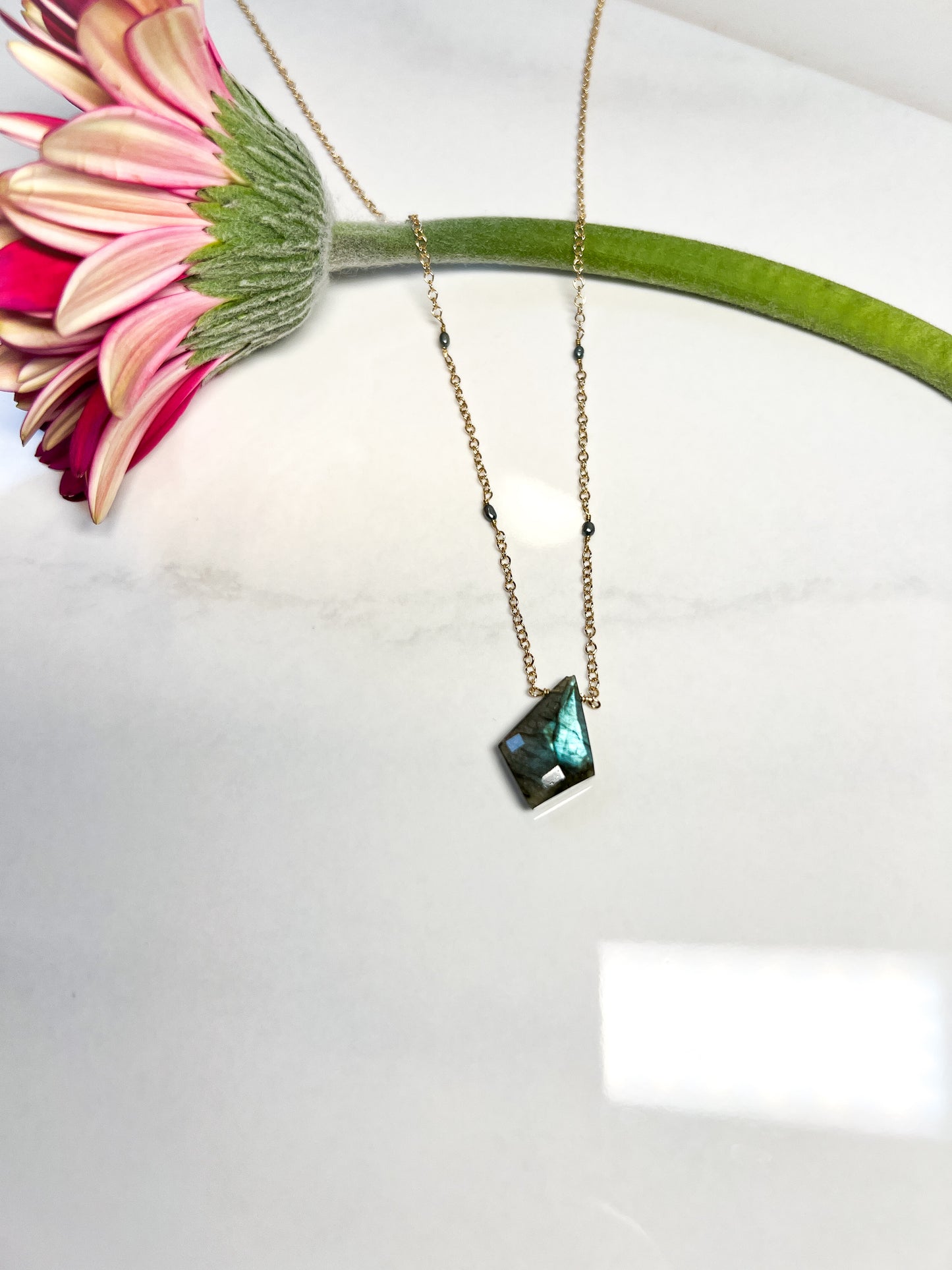 Labradorite with seed Pearl in Gold fill