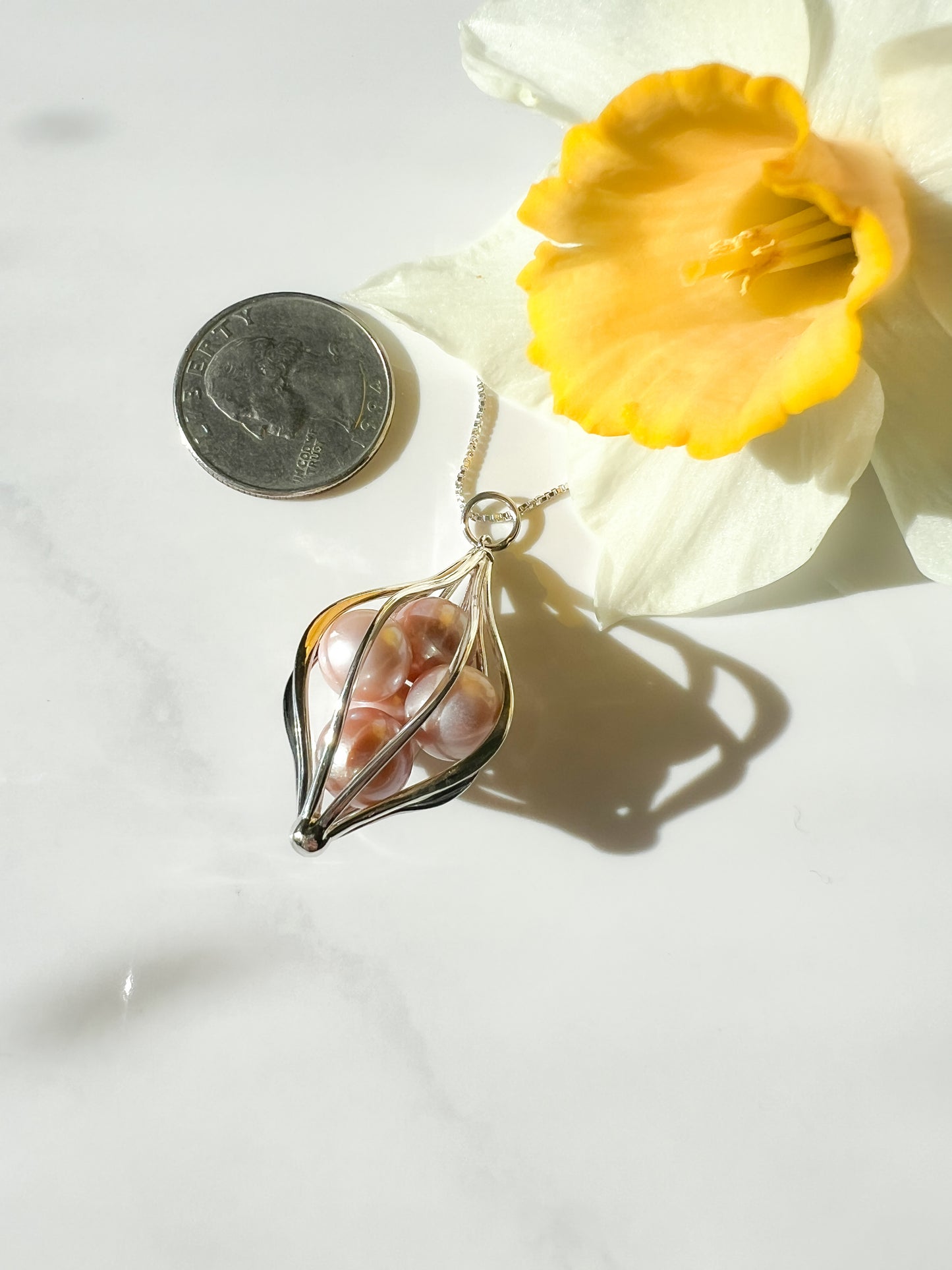 Blush pink Edison Pearl and Sterling cage pendant