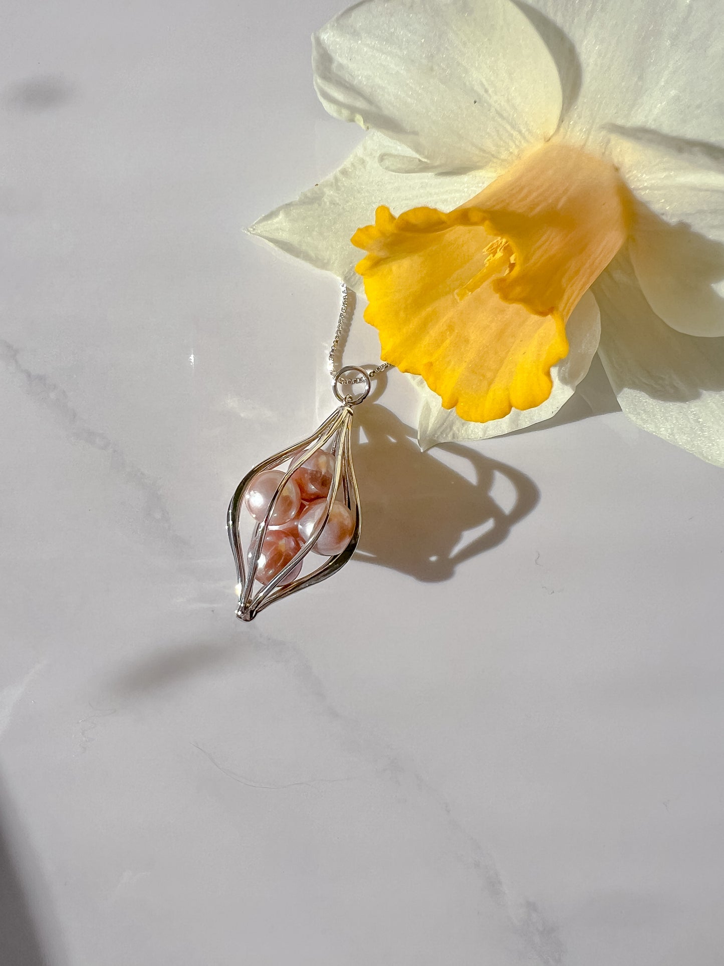 Blush pink Edison Pearl and Sterling cage pendant