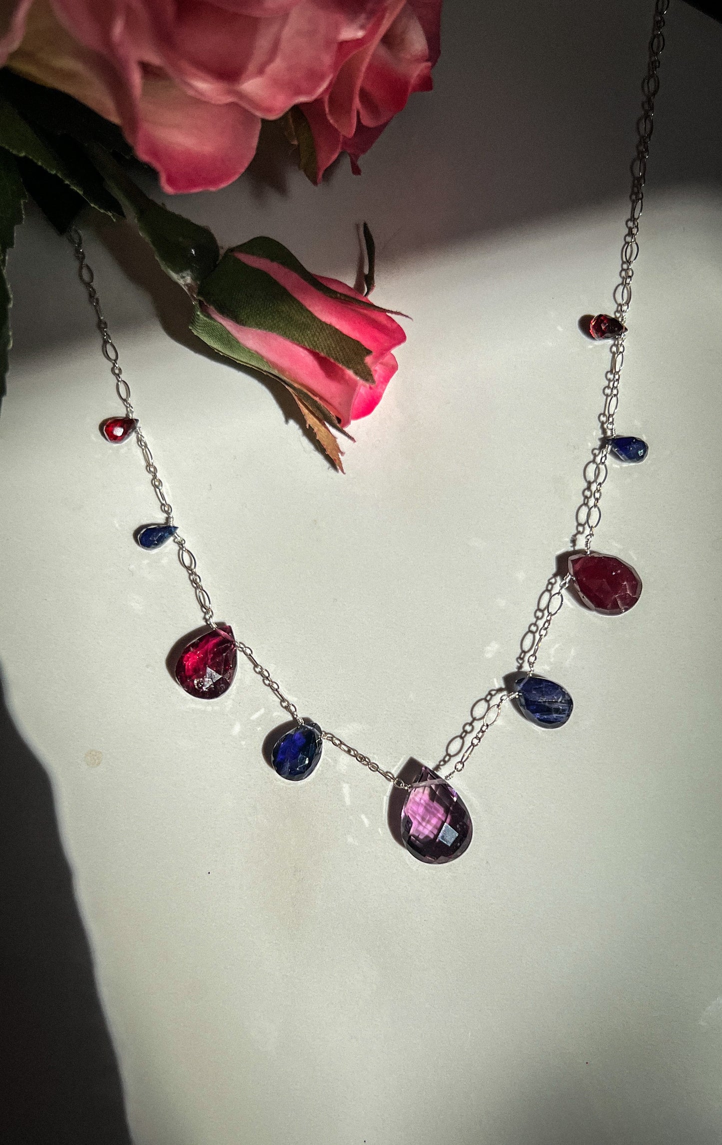 Multi-gemstone necklace; Amethyst, Rodalite Garnet, Iolite, Sapphire drop necklace