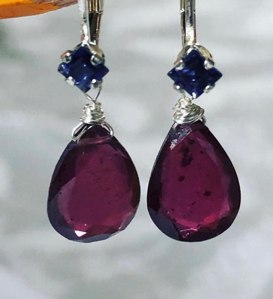 Blue Iolite and Garnet Sterling Drop earrings