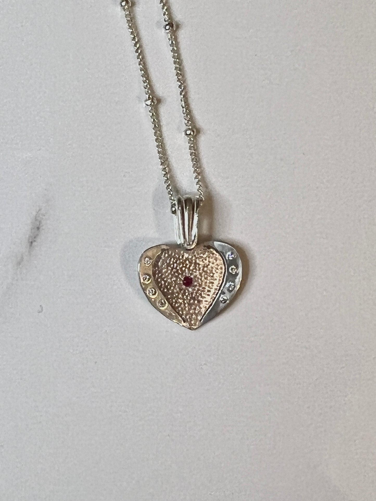 Heart 3D textured Sterling Ruby & Moissanite pendant