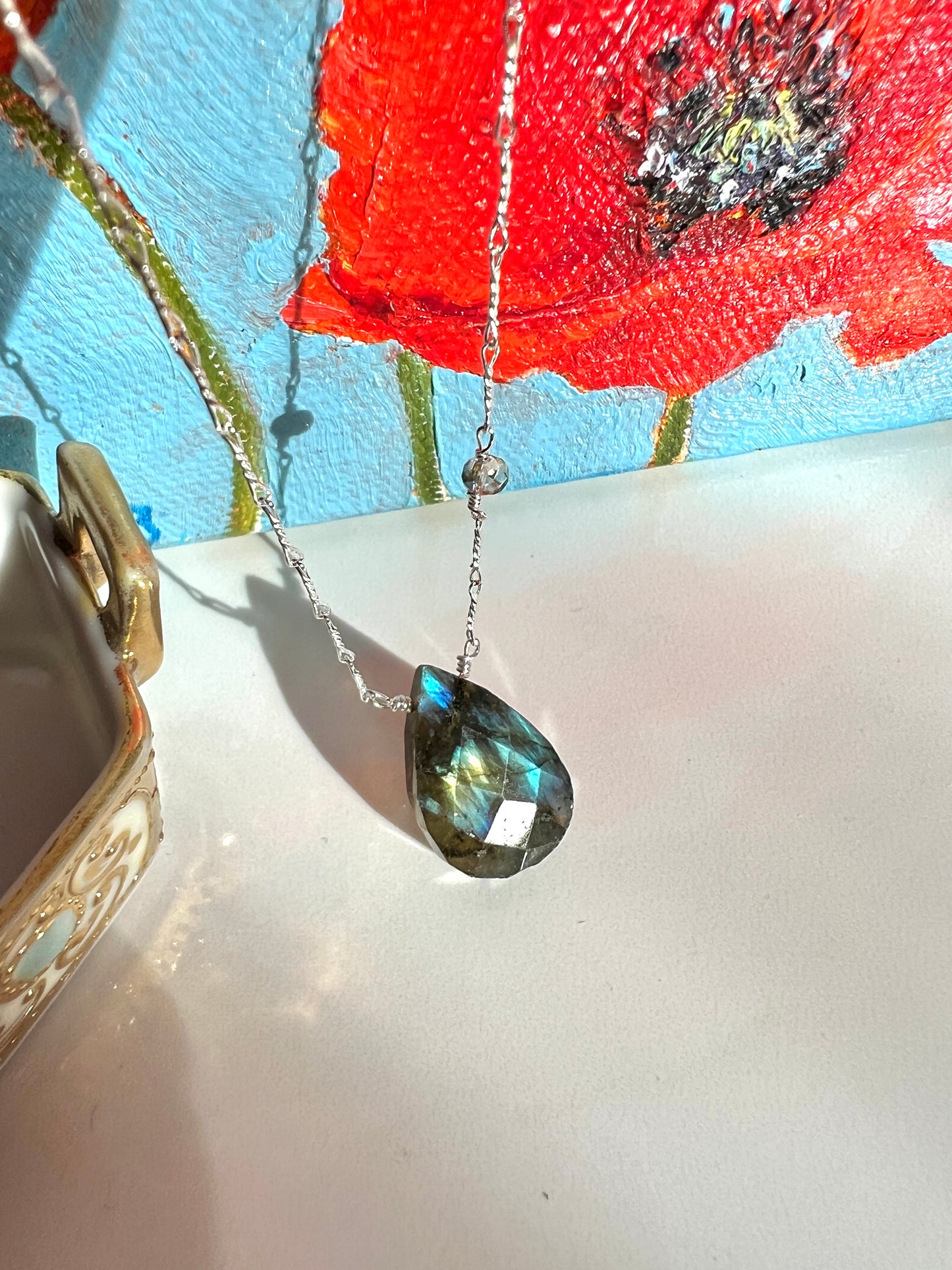 Blue flash Labradorite & Crystal Sterling Pendant