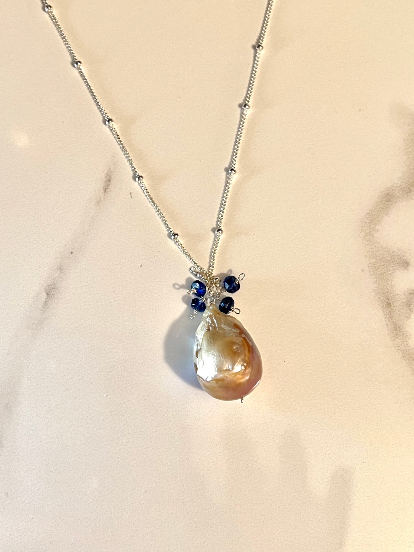 Large Baroque Blush Pearl & Sapphire pendant