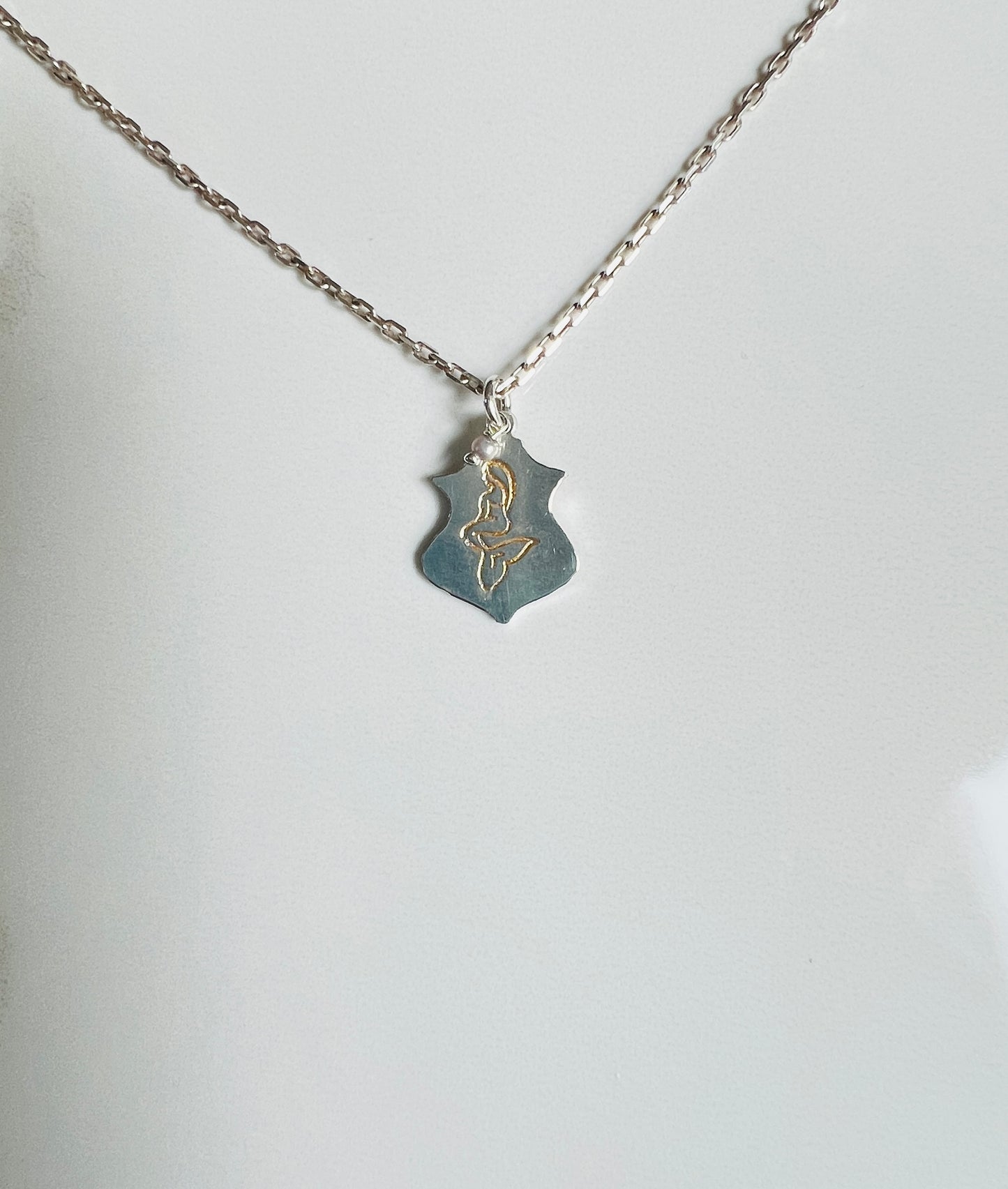 Hand-cut mermaid stamped, seed pearl Sterling pendant