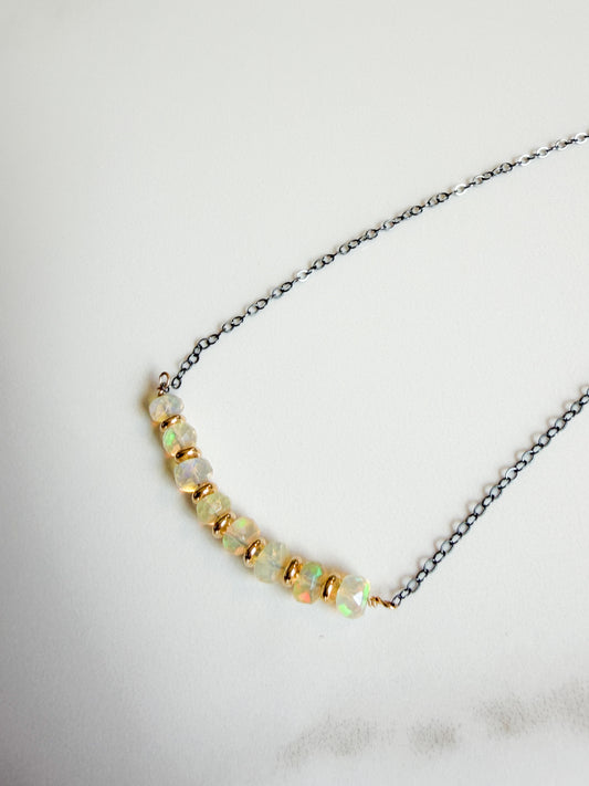 Opal and Gold fill on oxidized Sterling necklace