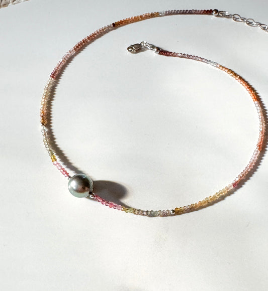 Multi-colored Spinel with green Tahitian Pearl in Sterling