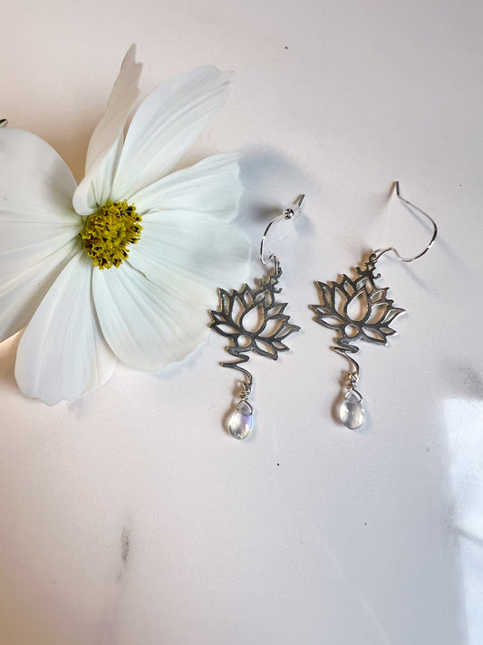 Sterling cut lotus flower moonstone  earrings