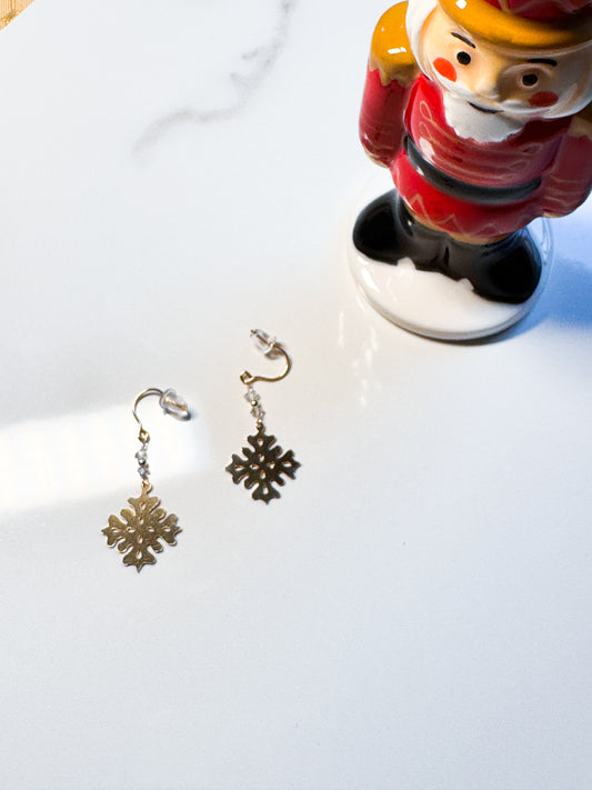 Hand cut Gold-fill snowflakes Herkimer diamond earrings