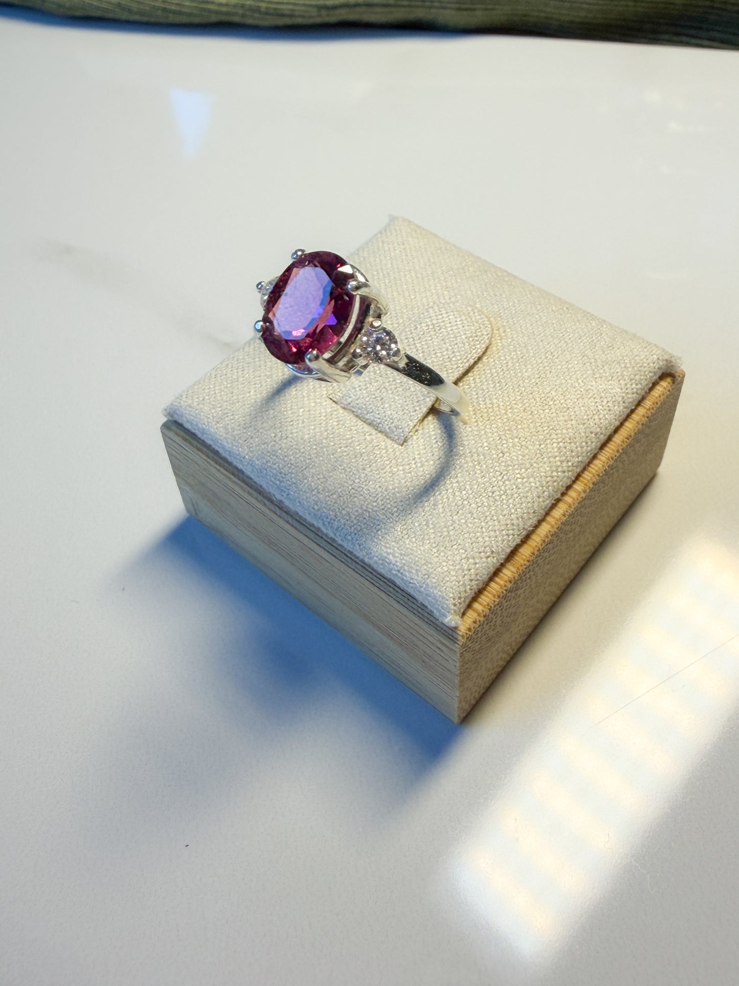 Rhodalite Garnet and lab Diamond ring