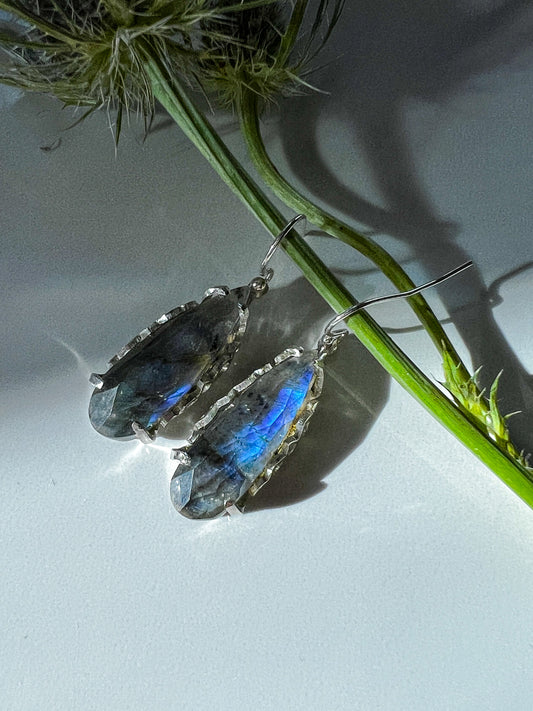 Hand cut filigree Quartz labradorite earrings