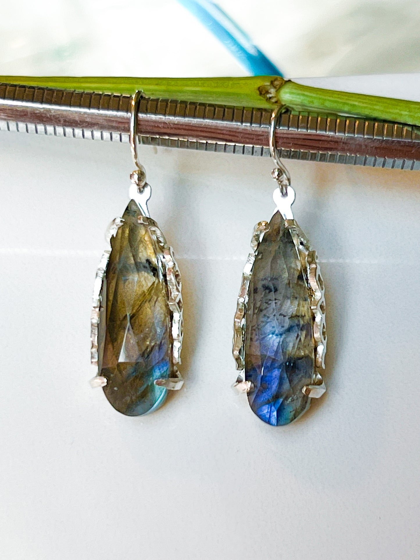 Hand cut filigree Quartz labradorite earrings