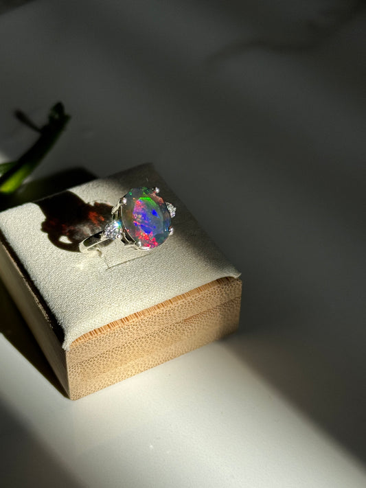 Black Opal and lab diamond sterling ring