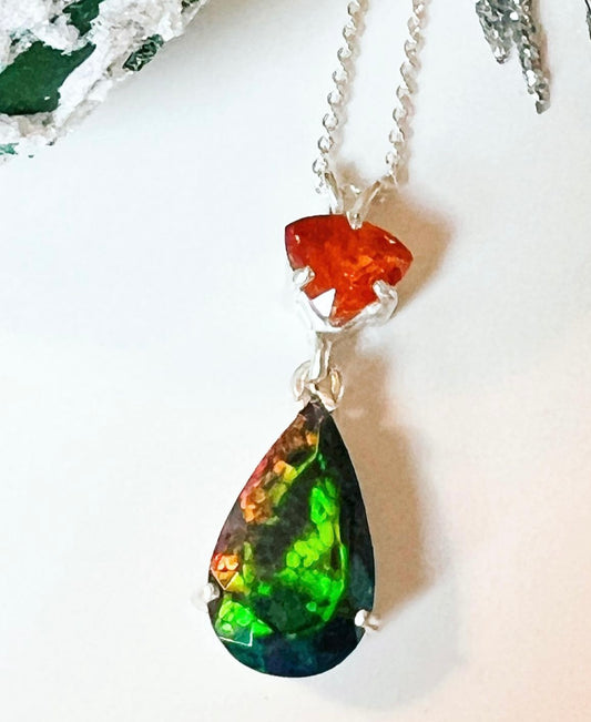 Beautifully paired Fire Opal and Black Opal pendant