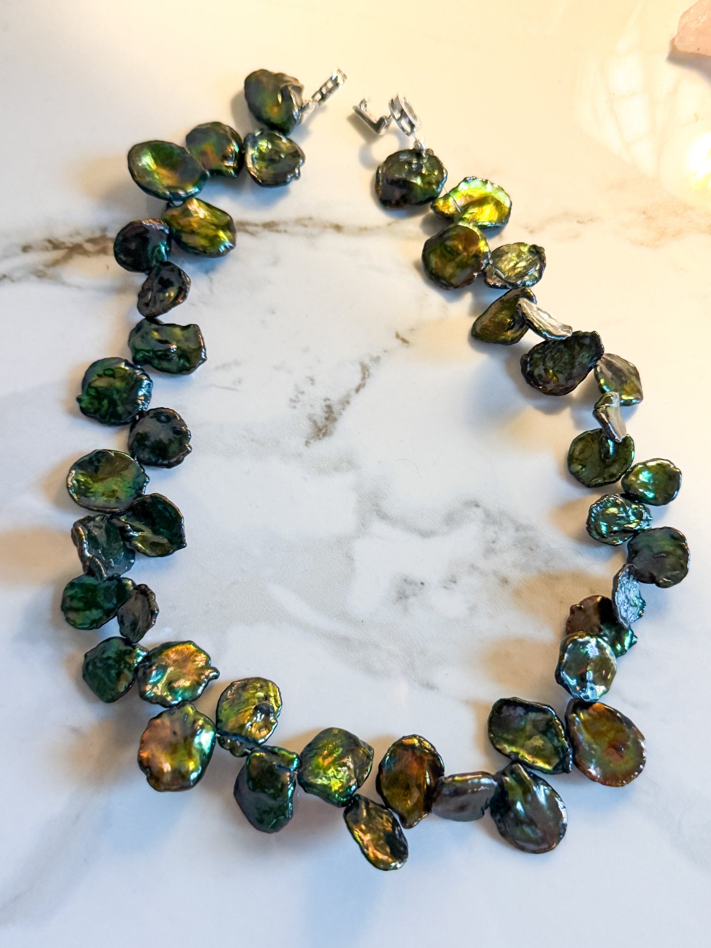 Gold and green freshwater pearl paddle choker