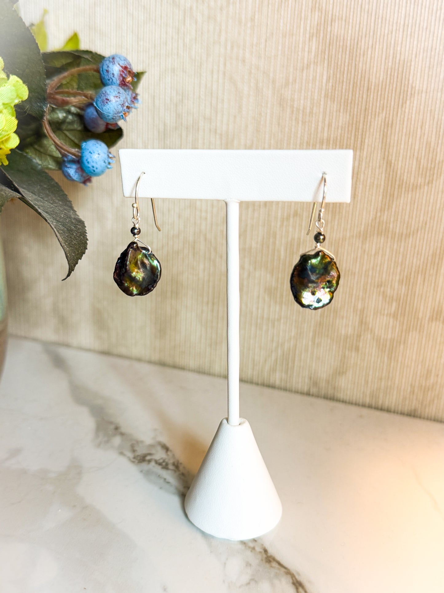 Green and gold flash freshwater pearl earrings