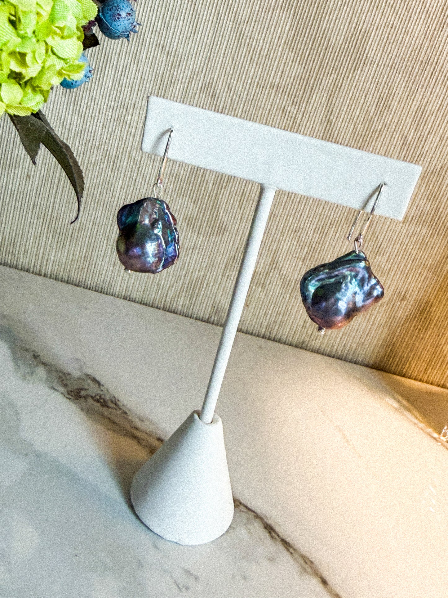 Amazing peacock blue baroque large pearl earrings