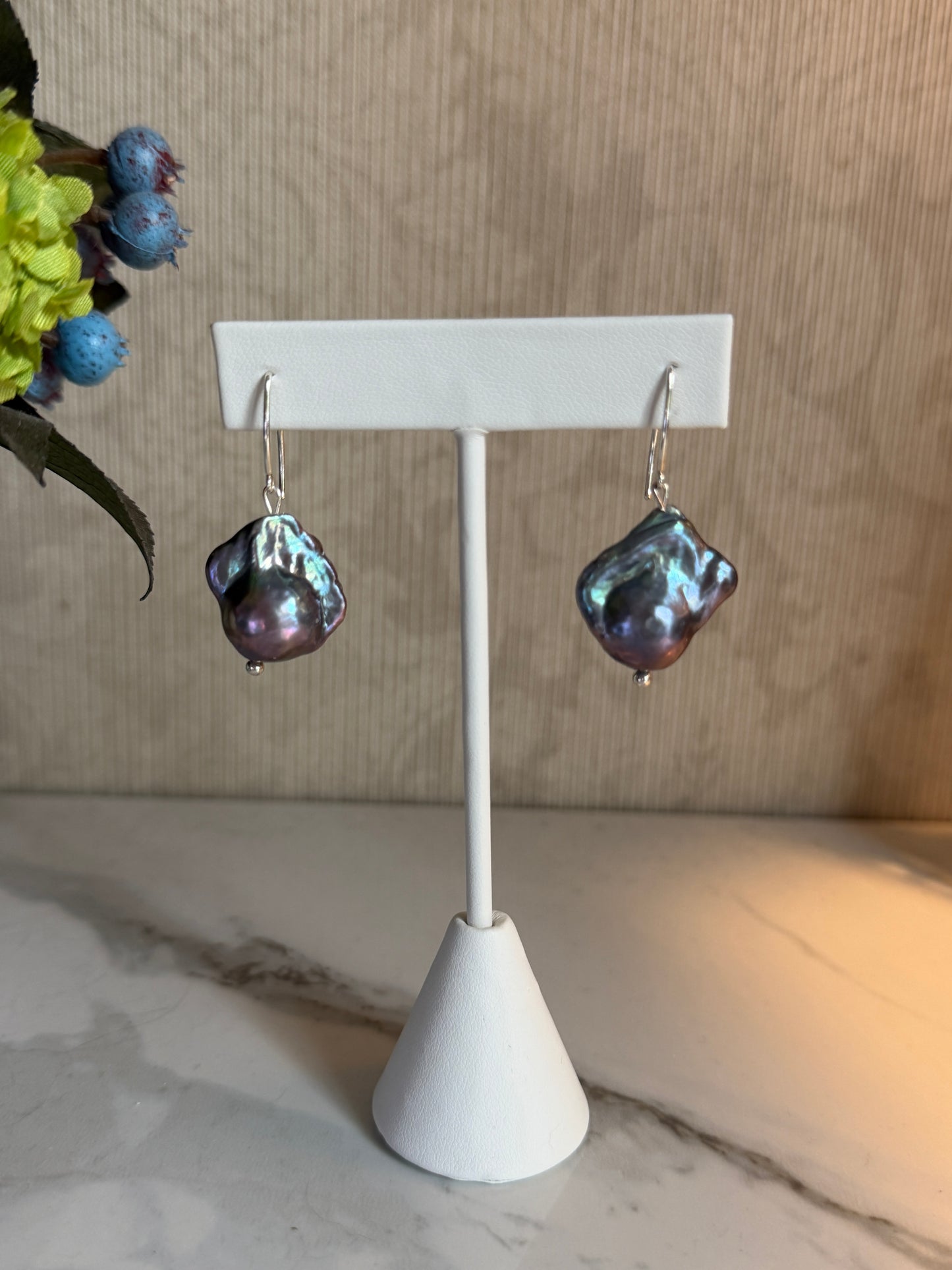 Amazing peacock blue baroque large pearl earrings