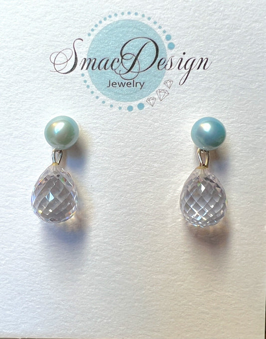 Cultured blue pearls & Herkimer diamond sterling studs