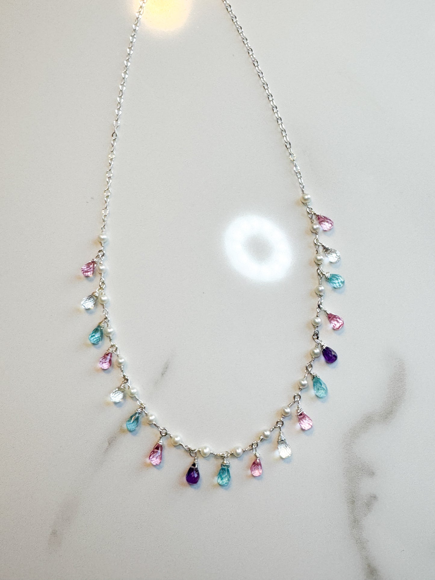 Pink Topaz, Clear Quartz, Amethyst, Apatite, Pearl Sterling necklace