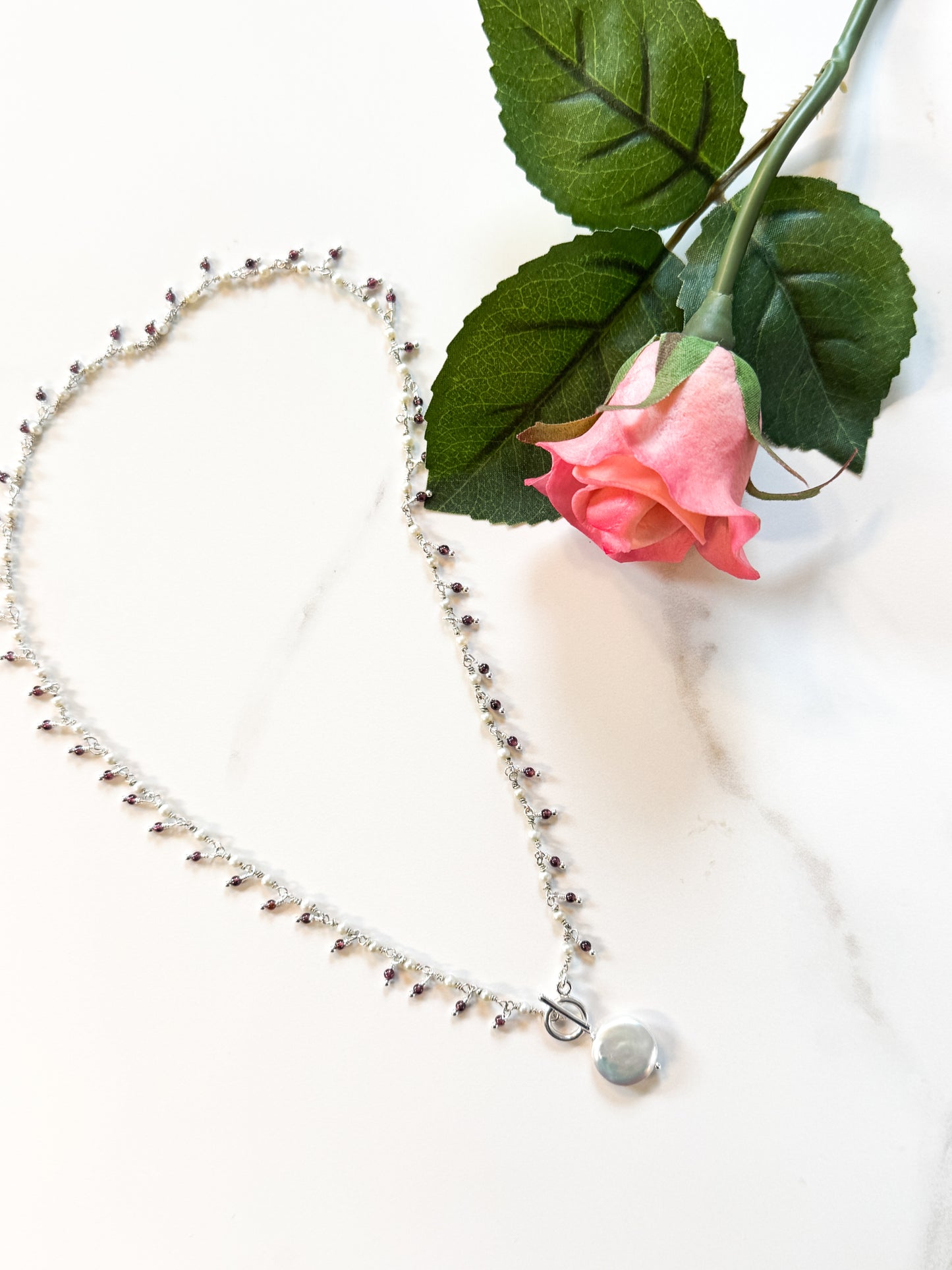 Pearl and Garnet wrap-tie necklace
