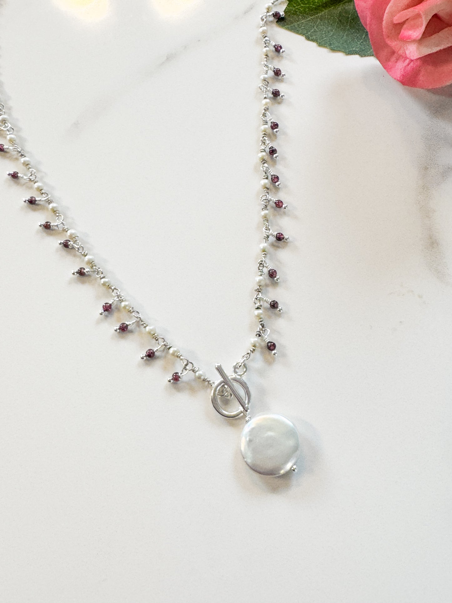 Pearl and Garnet wrap-tie necklace