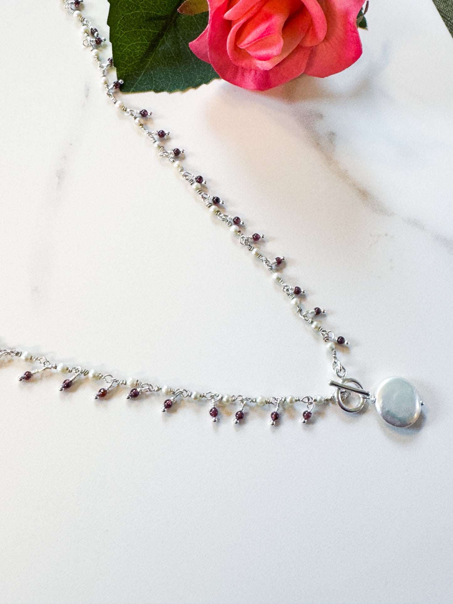 Pearl and Garnet wrap-tie necklace