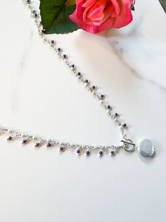 Pearl and Garnet wrap-tie necklace