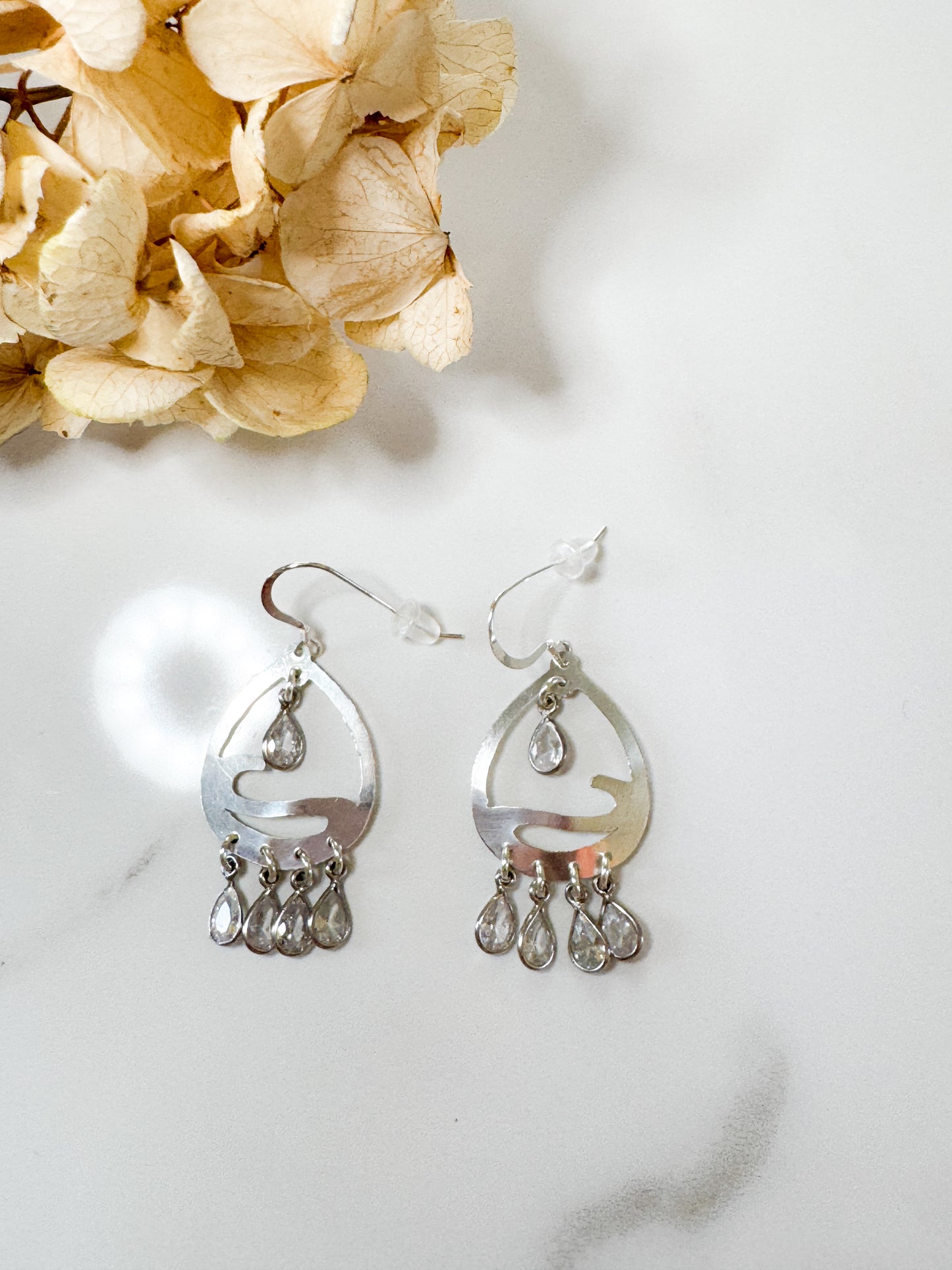 Hollow form light-weight hand-cut sterling earrings with Quartz drops