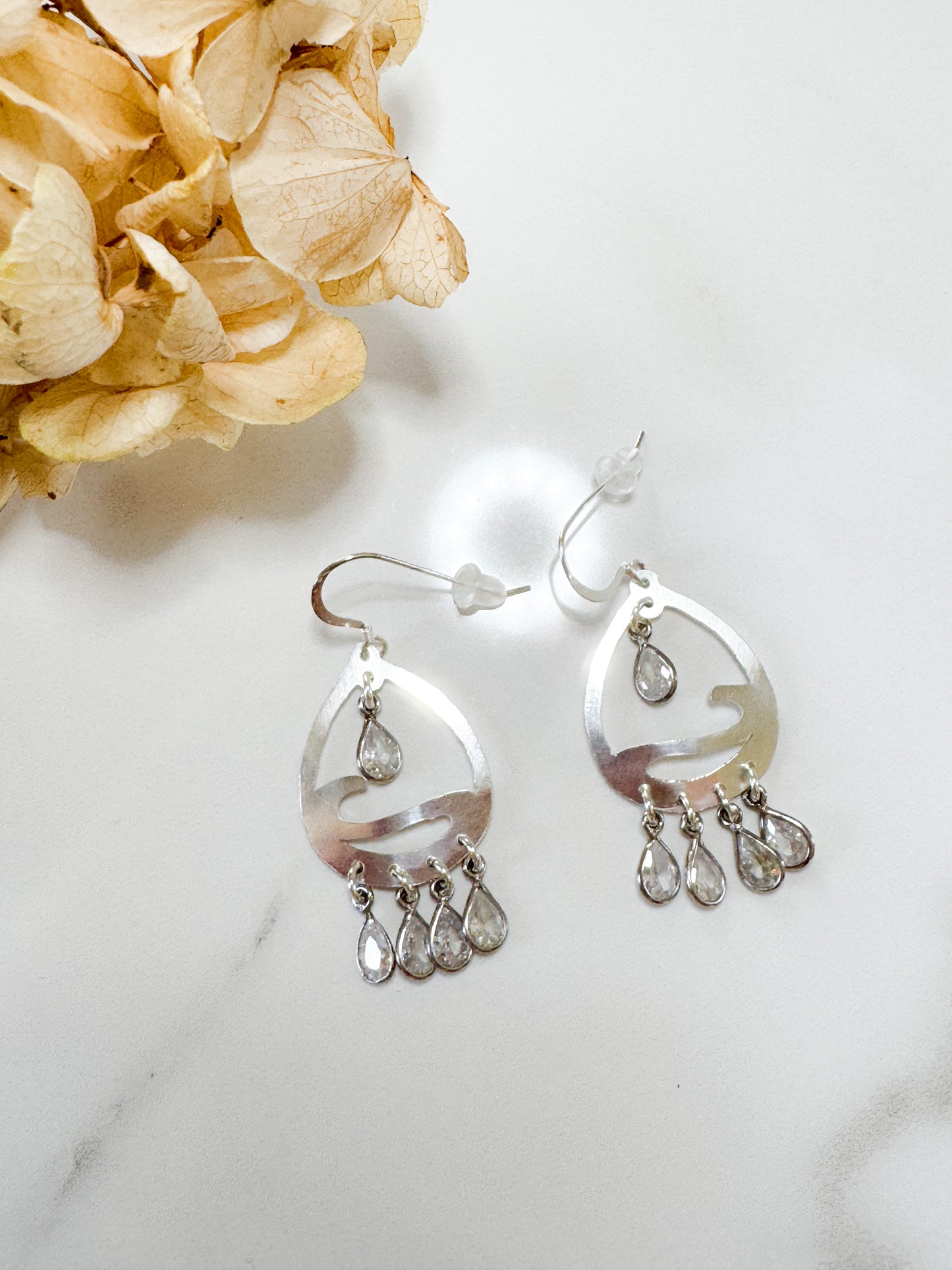 Hollow form light-weight hand-cut sterling earrings with Quartz drops