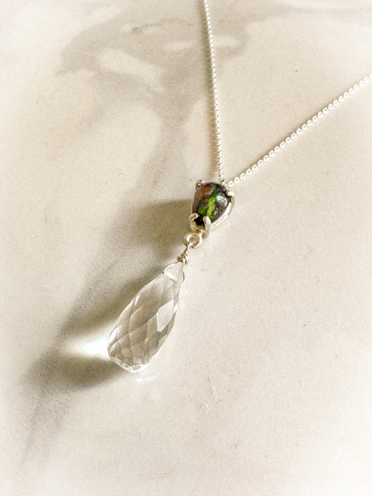 Black Opal and Crystal clear Quartz drop pendant