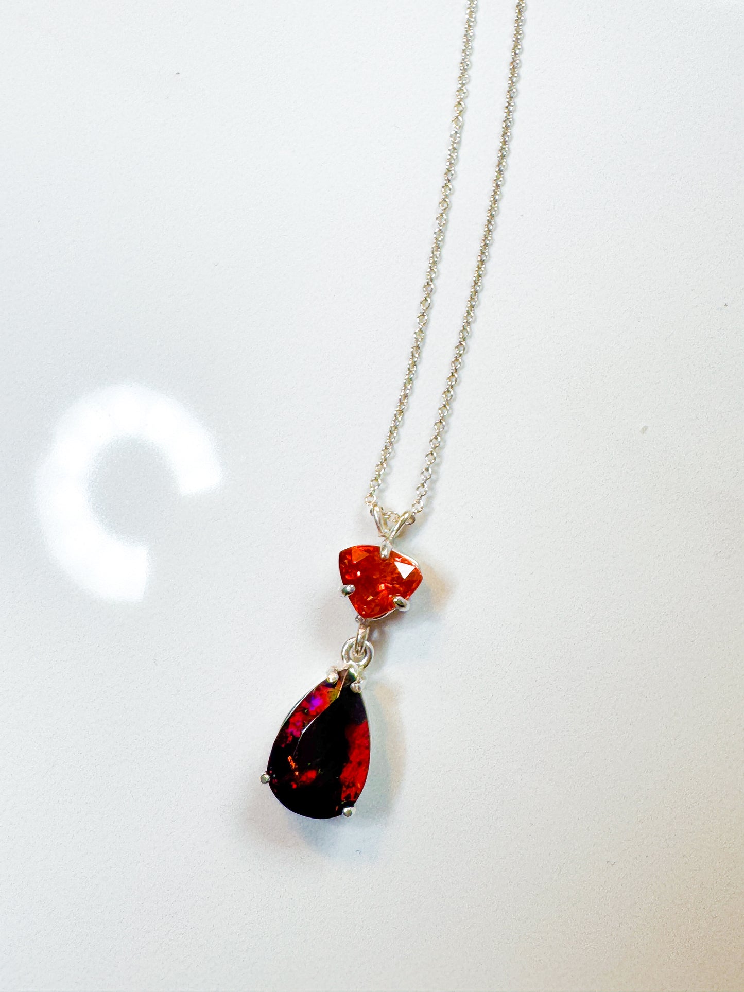 Brilliant black Opal and Hessonite Garnet Sterling nevklace