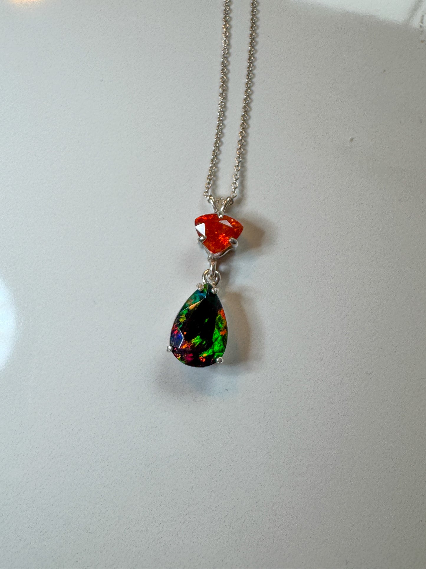 Brilliant black Opal and Hessonite Garnet Sterling nevklace