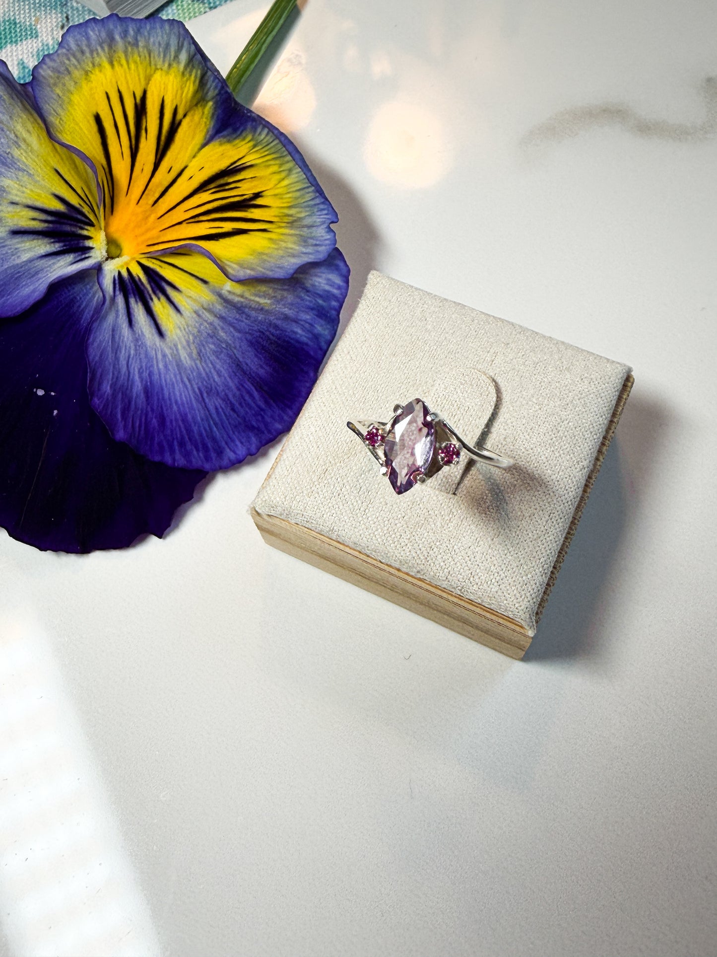 Amethyst and pink lab diamond ring