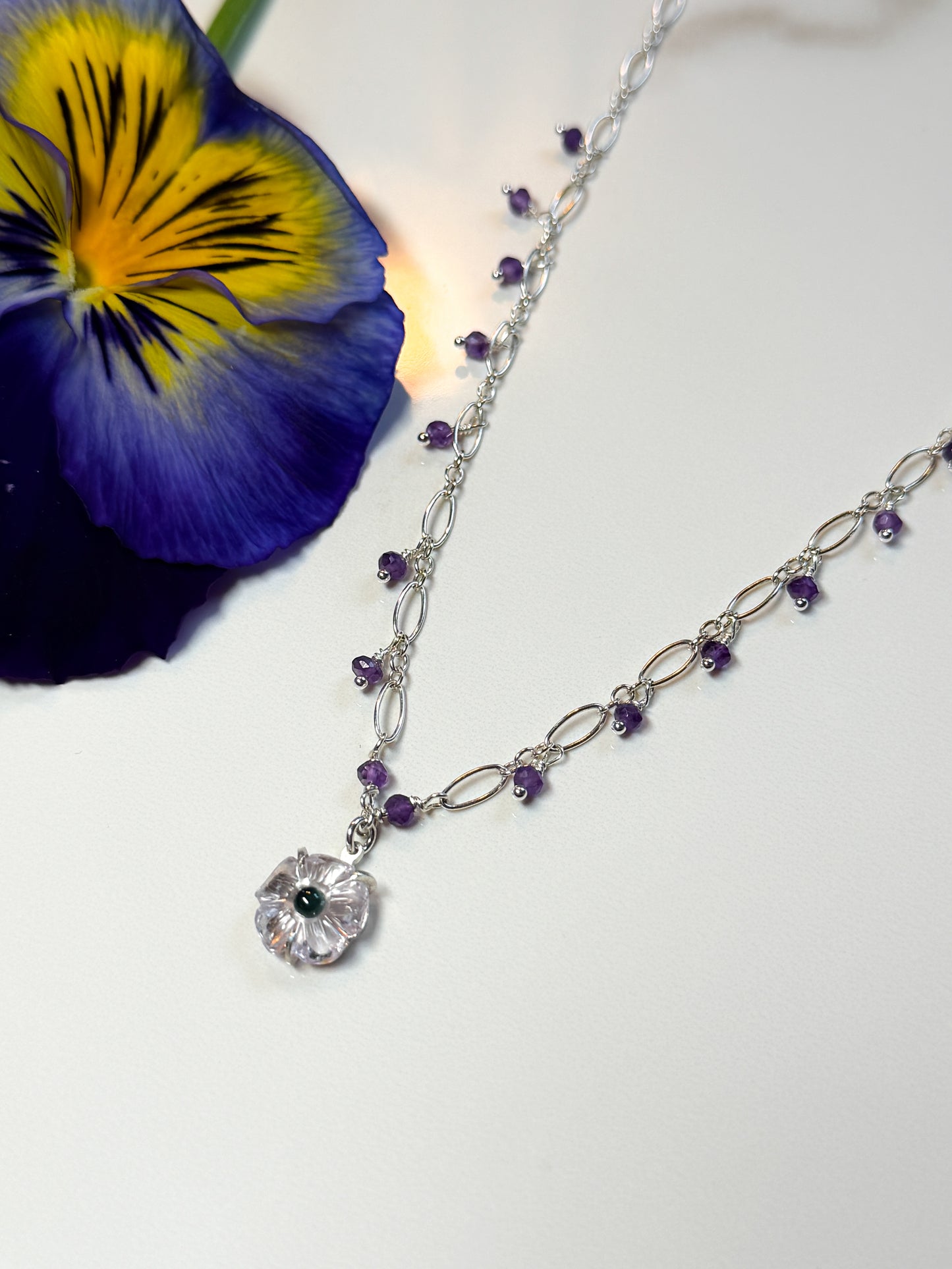 Amethyst carved flower with London Blue Topaz pendant