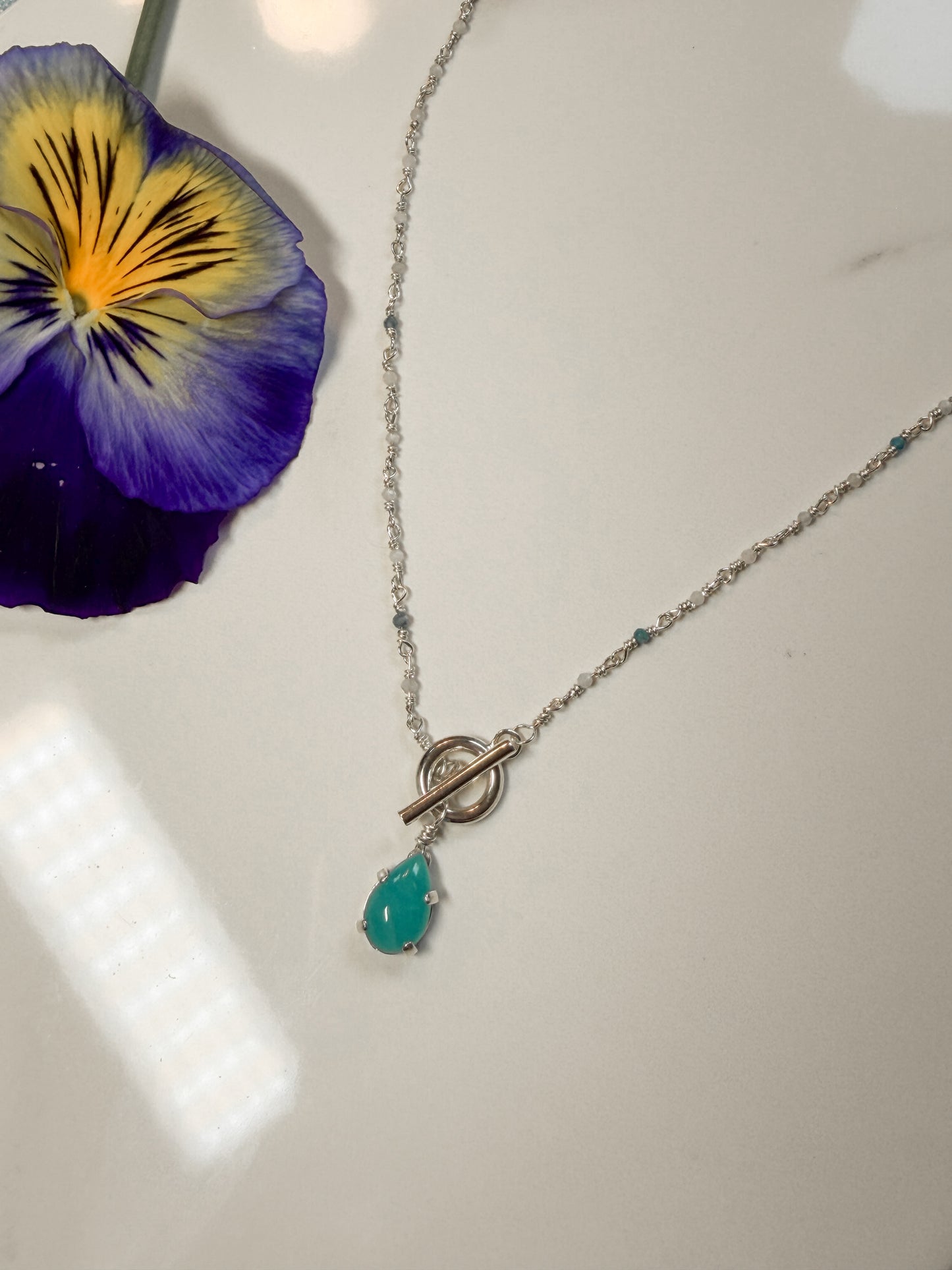 Apatite and Rose Quartz hand tied sterling necklace