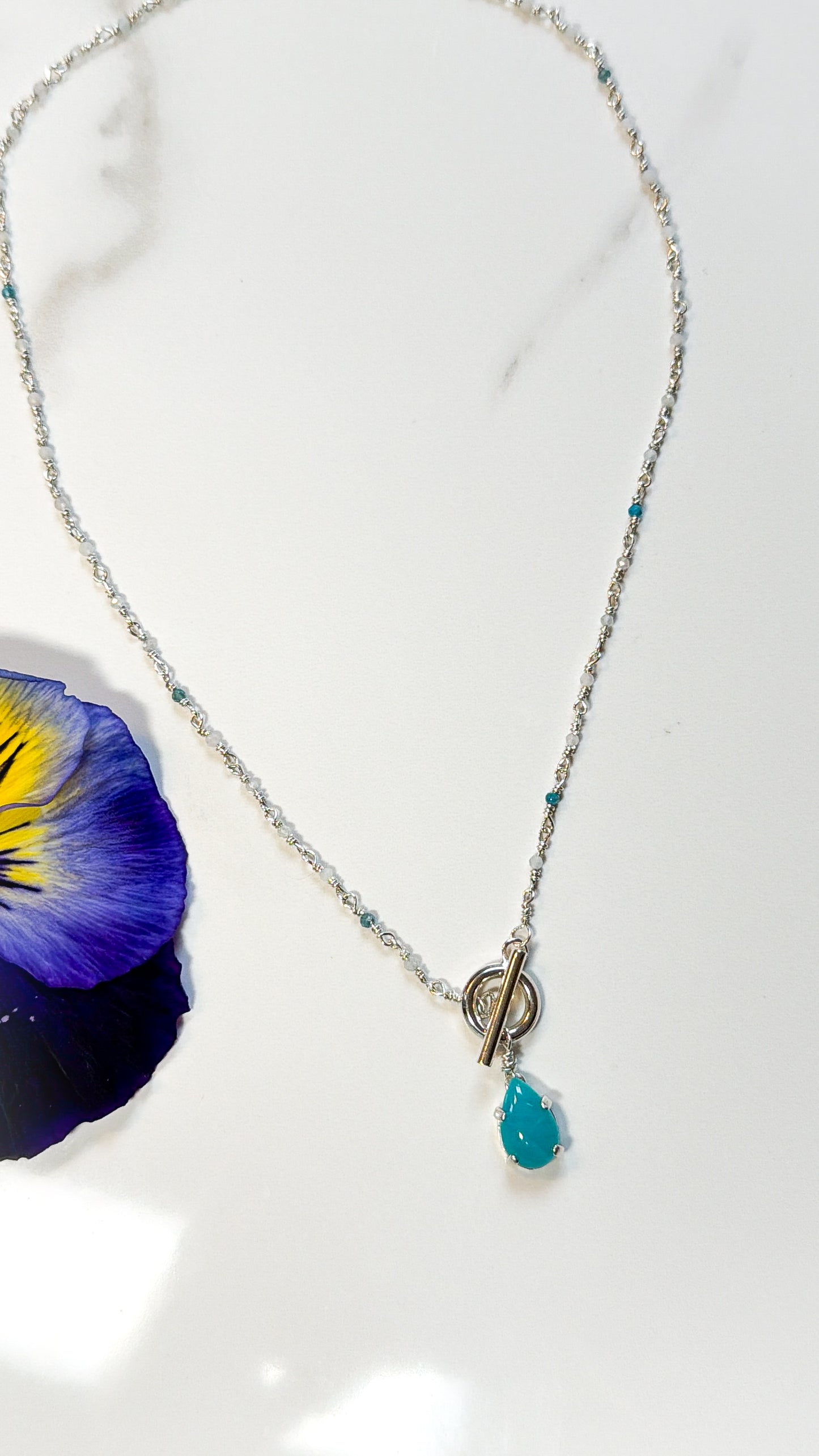 Apatite and Rose Quartz hand tied sterling necklace